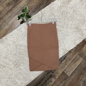 Express Small Brown Ribbed Cozy Sweater Knit Crossover Fitted Pencil Skirt NWOT